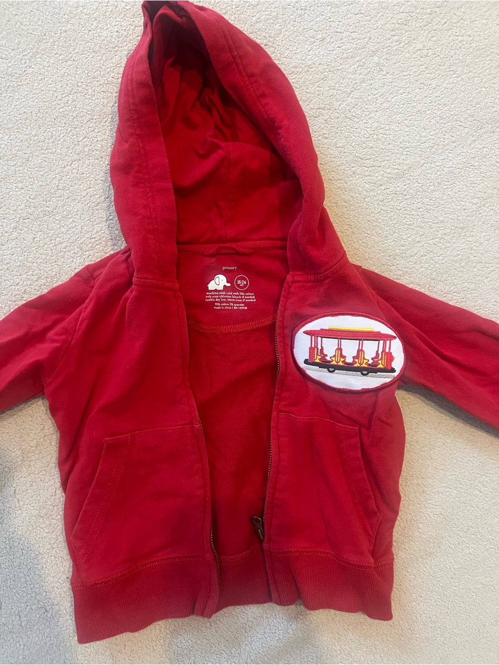 Primary Red Zip Hoodie with Daniel Tiger Streetcar Patch